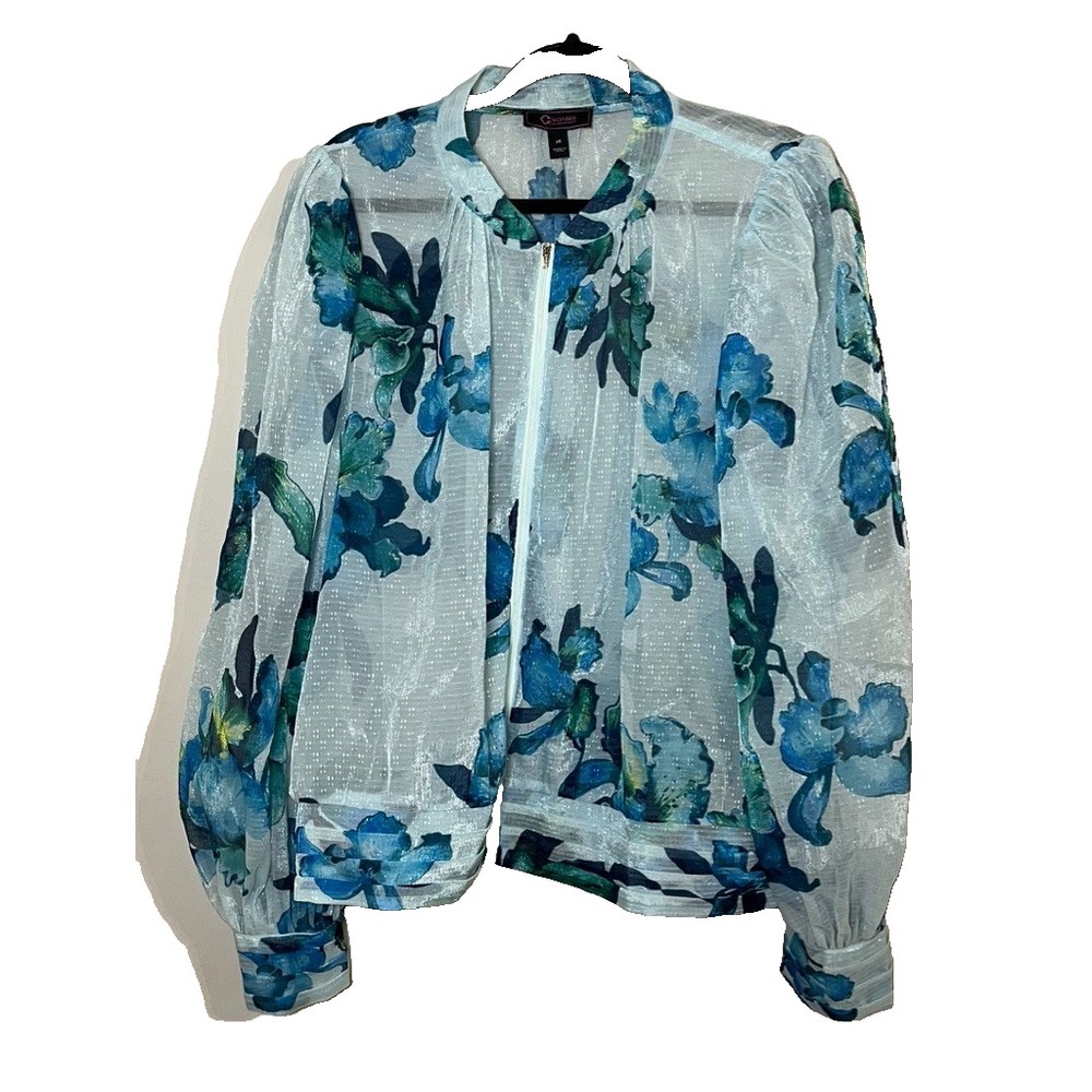 Colorful Floral Sheer Metallic 2X Bomber Jacket Full Zip Organza Boho Western